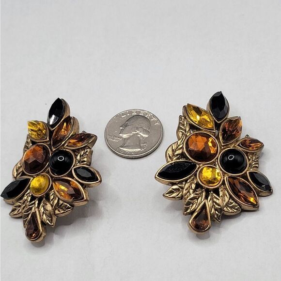 Vintage 80s Amber Black Gold Cluster Clip On Earrings Multi Gem Art Deco MCM - Picture 8 of 8